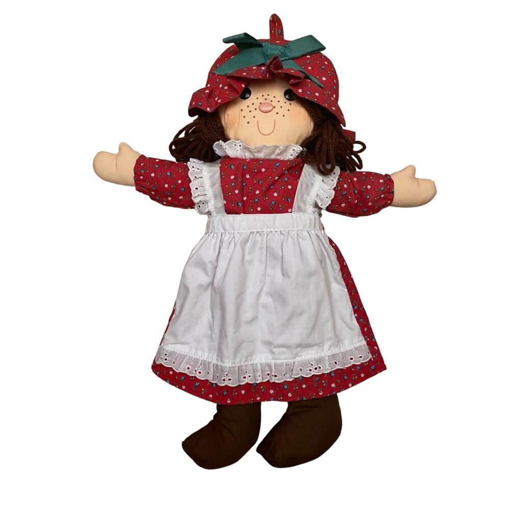 Vintage Rag Doll With Red Floral Dress &‎ Bonnet 17"